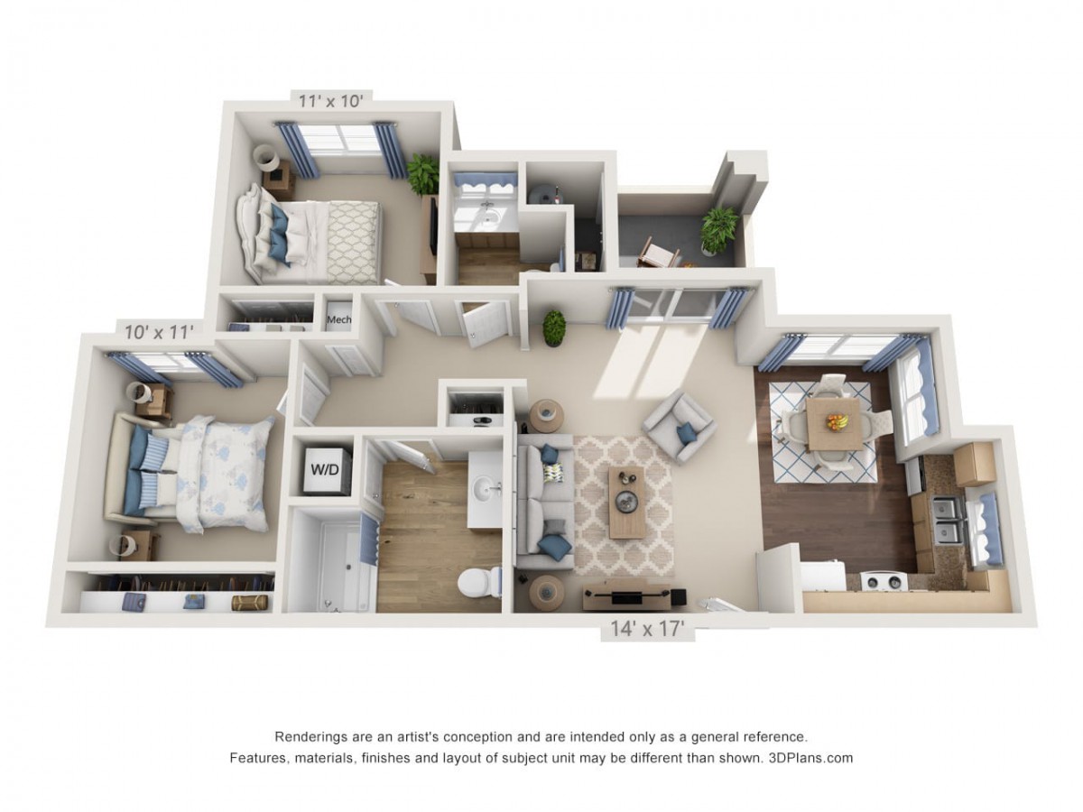 A 3D floor plan of a two-bedroom apartment with labeled rooms and furnishings.