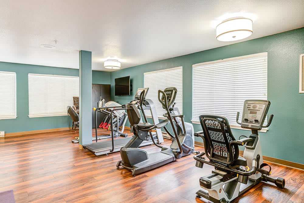 A well-equipped indoor gym with various exercise machines including treadmills and ellipticals.