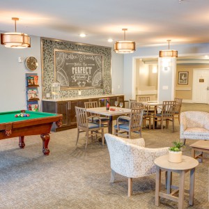 A cozy recreation room featuring a pool table, comfortable seating, and stylish lighting.