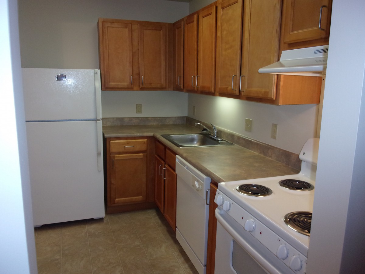 A compact kitchen with wooden cabinets, a refrigerator, electric stove, dishwasher, and a sink.