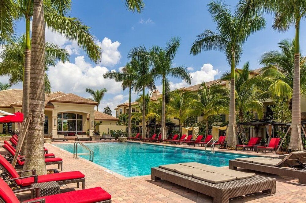 A luxurious outdoor swimming pool surrounded by palm trees and red lounge chairs, perfect for a vacation getaway.