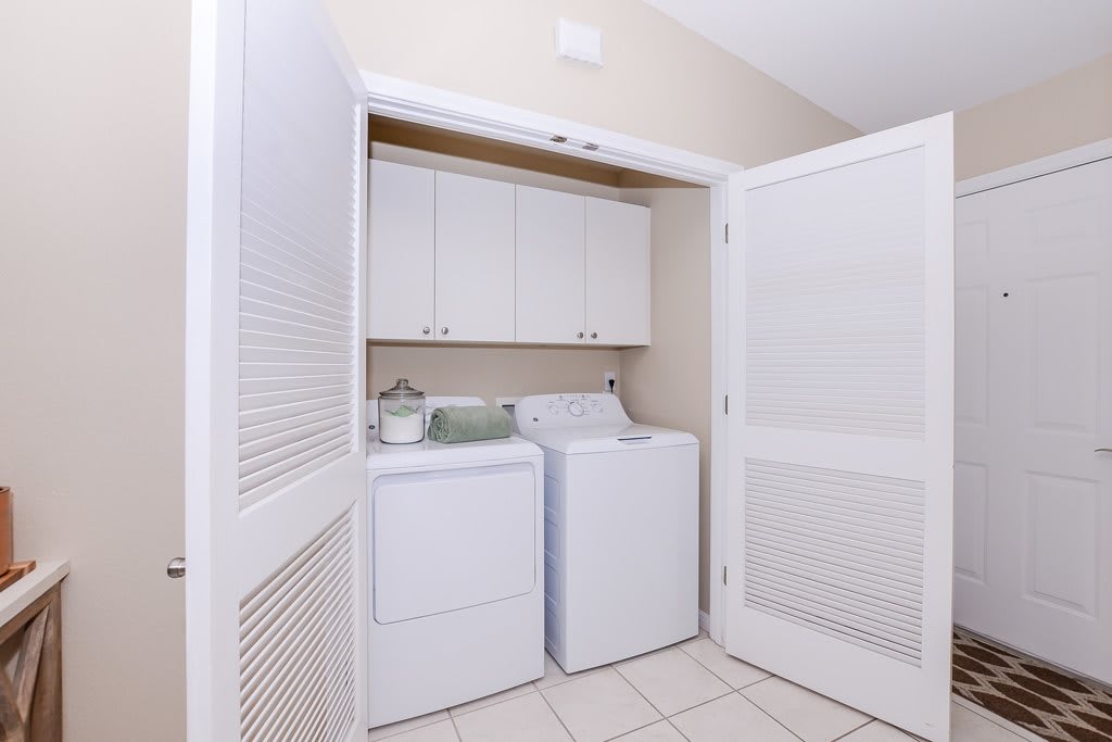 Compact laundry room with a washer and dryer enclosed in a closet.