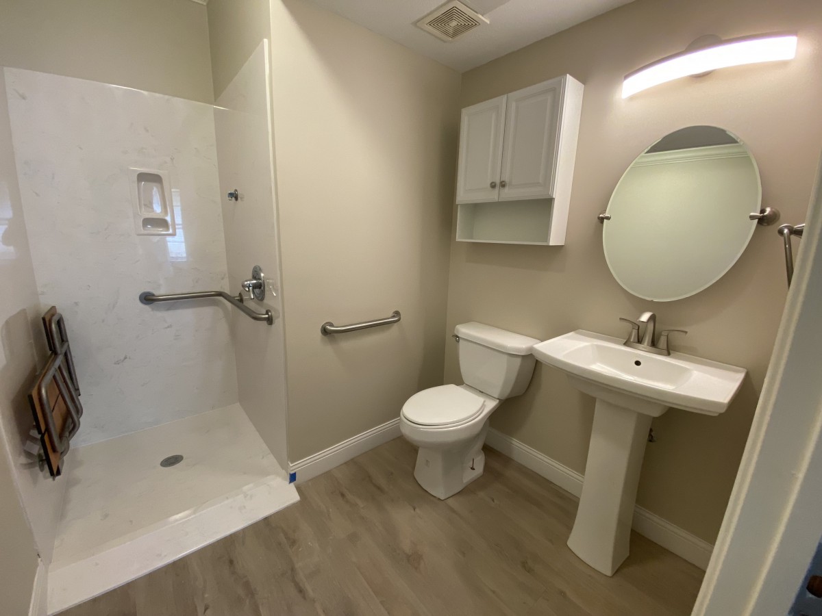 A modern accessible bathroom with a shower, toilet, and pedestal sink.
