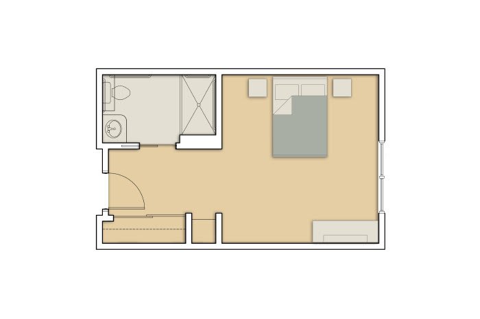 A simple floor plan of a studio apartment with a bedroom and bathroom.