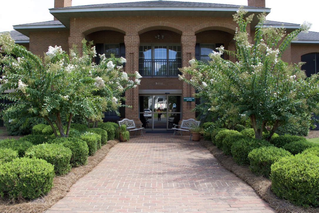 A brick pathway leading to a building's entrance, surrounded by lush greenery.