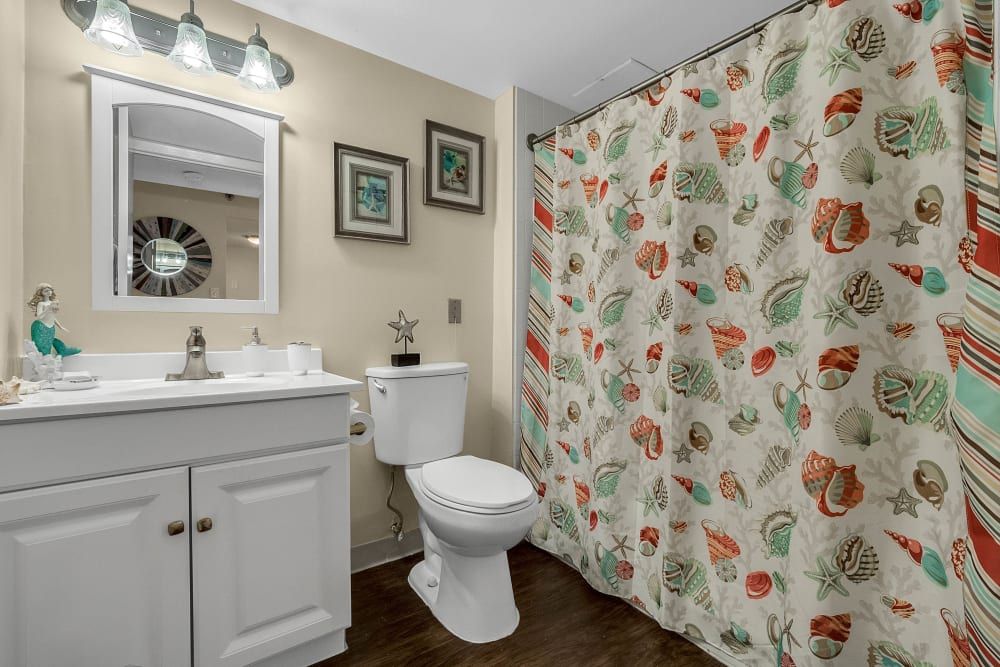 A cozy bathroom featuring a floral shower curtain and white fixtures.