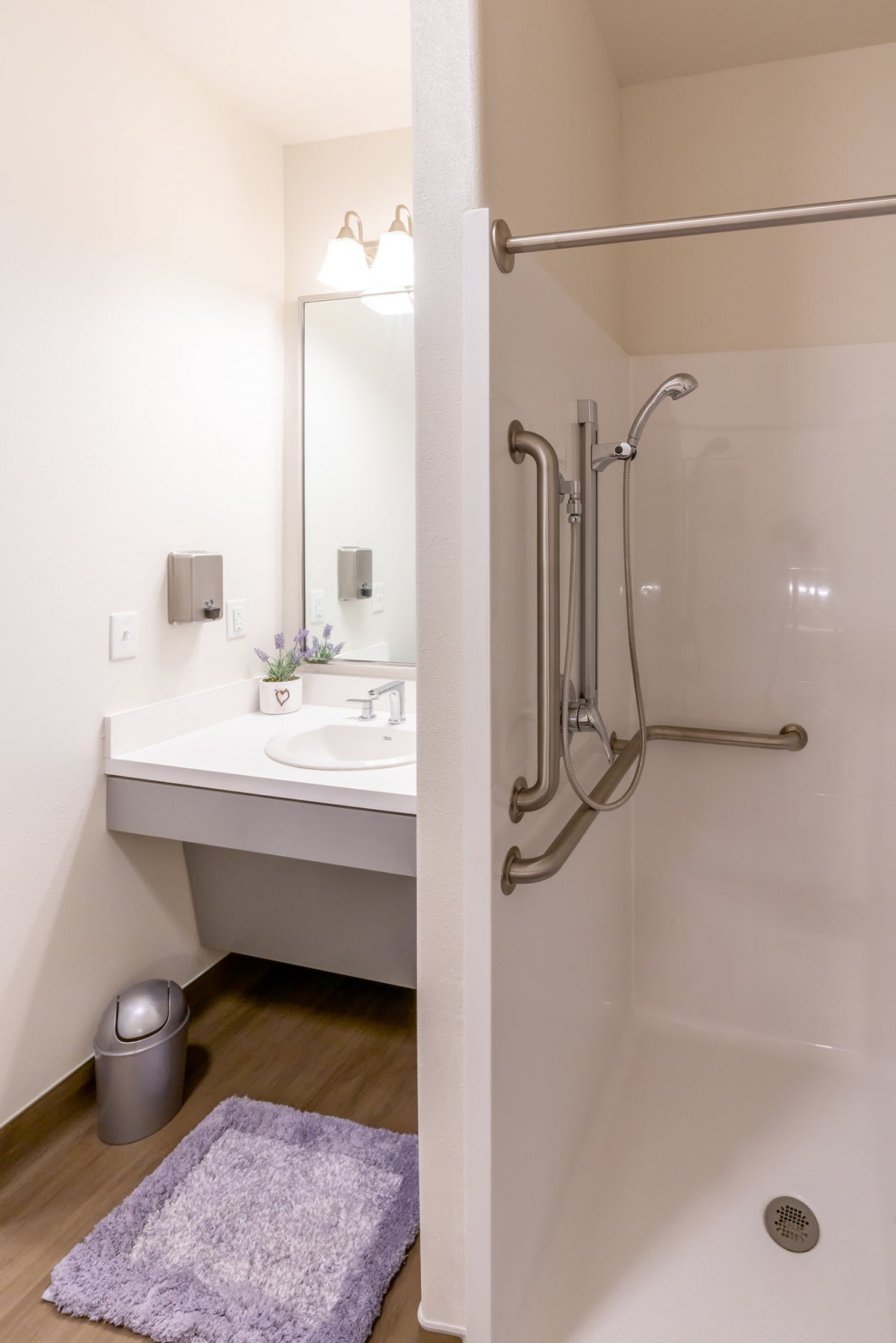 A modern, accessible bathroom with a shower and handrails.