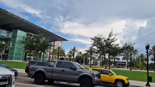 A view of parked vehicles with palm trees and a partly cloudy sky in the background.