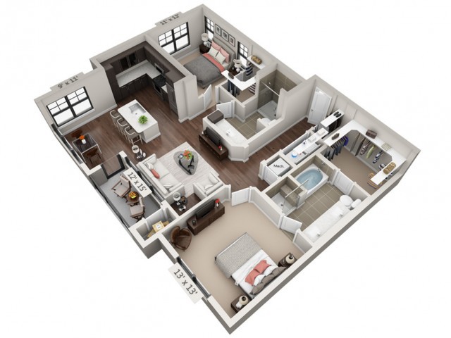 A 3D floor plan of a modern apartment featuring one bedroom, a bathroom, kitchen, and living area.