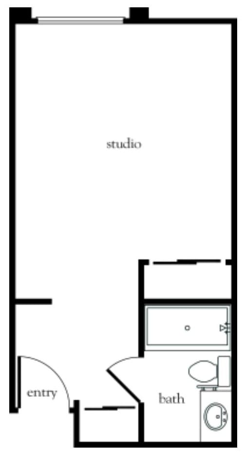 A simple floor plan of a studio apartment layout.