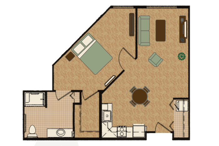A floor plan depicting a one-bedroom apartment with a kitchen, living room, and bathroom.
