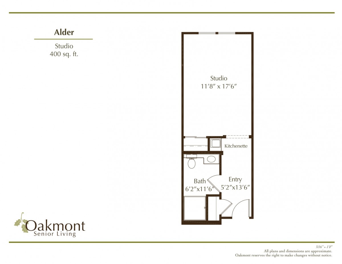 Studio apartment floor plan showing room layout and dimensions.