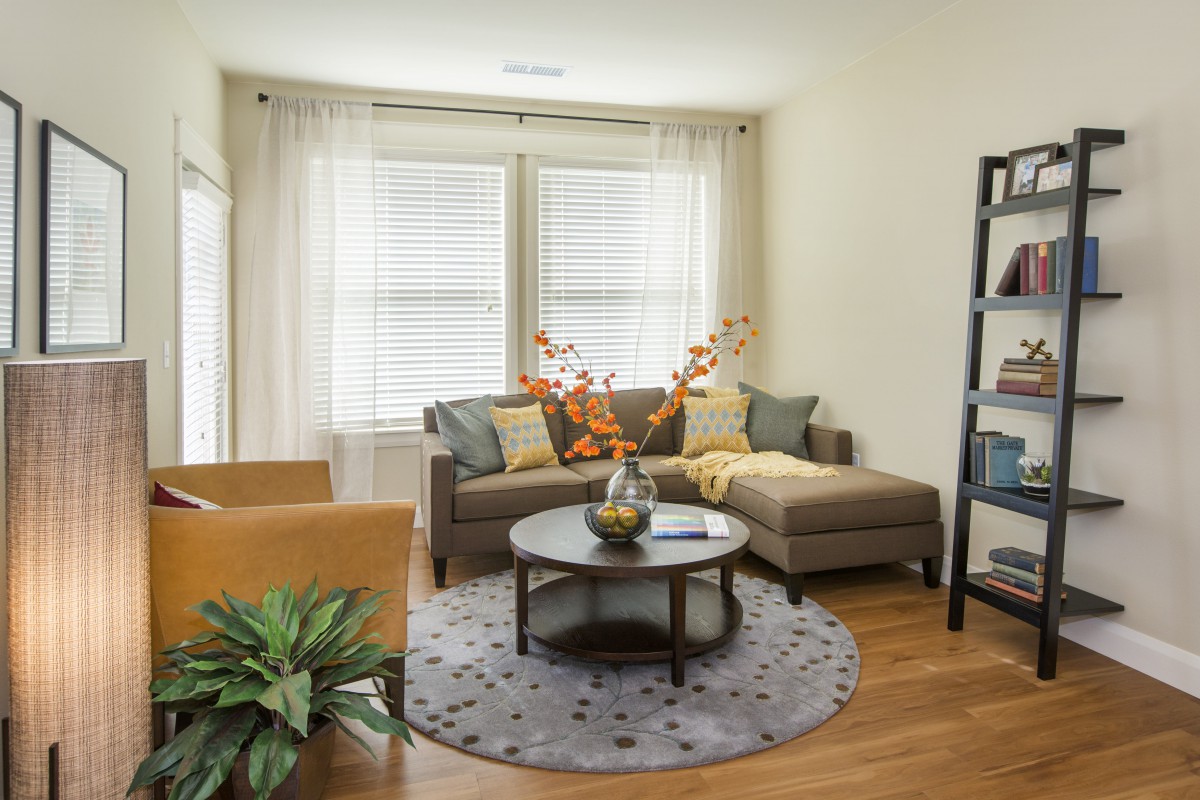 A cozy and well-lit living room featuring a comfortable sofa, a round coffee table, decorative accents, and large windows with sheer curtains.