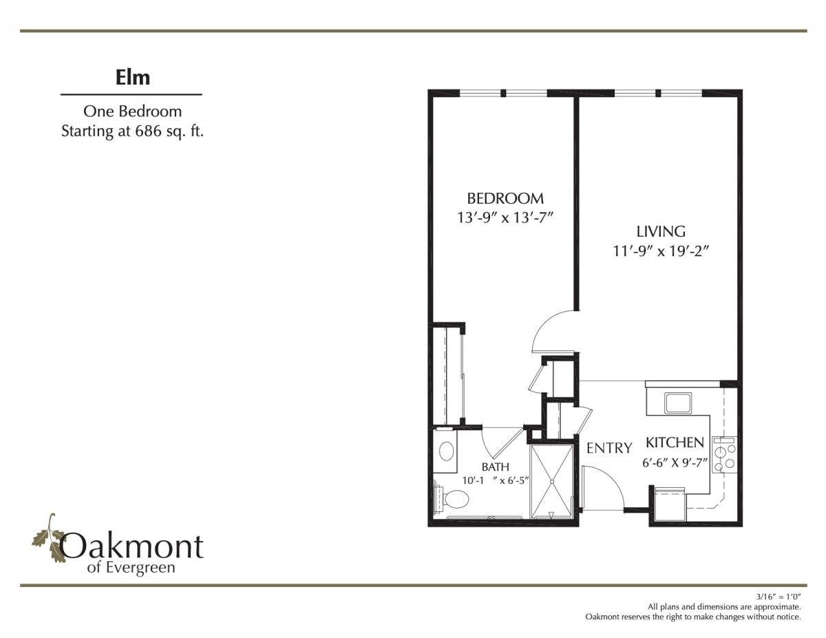 One-bedroom apartment floor plan layout.