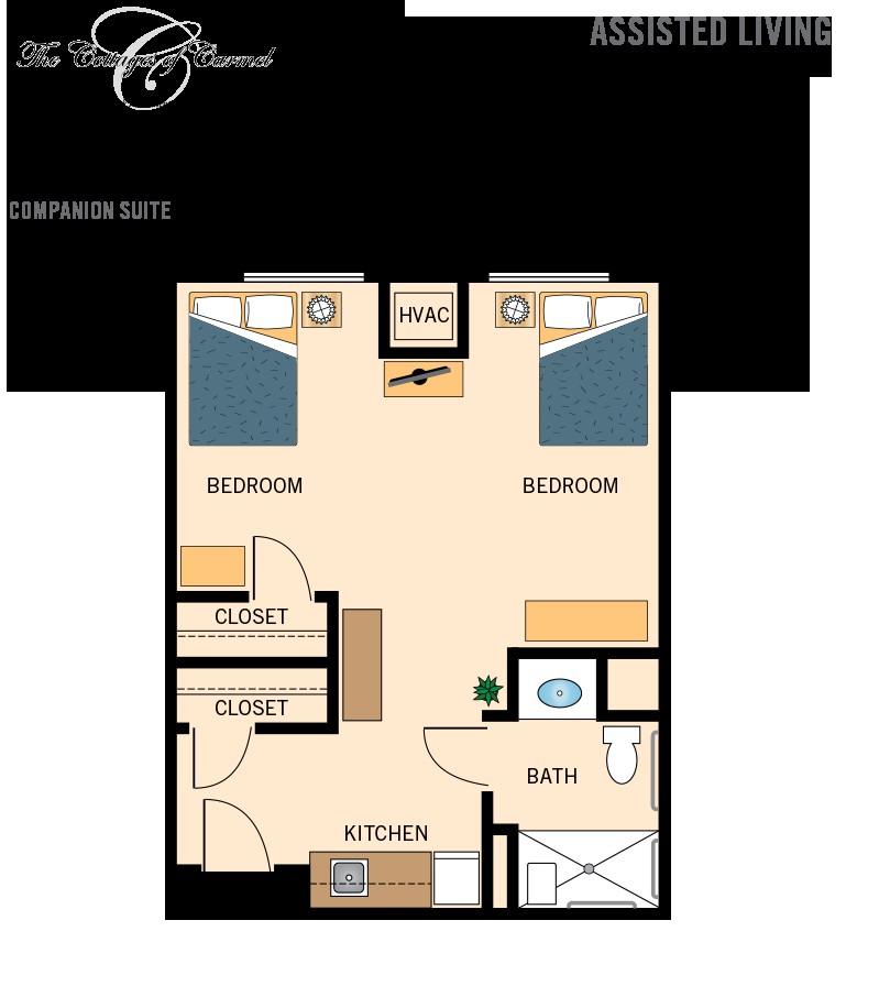 A floor plan of a two-bedroom apartment with an open kitchen and living area.