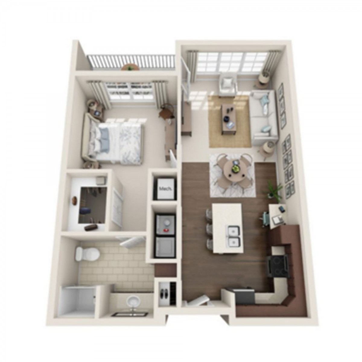 A detailed floor plan of a one-bedroom apartment including a living room, kitchen, and bathroom.