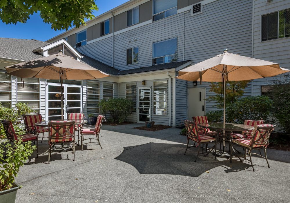 A sunny outdoor patio with tables and umbrellas outside a building.