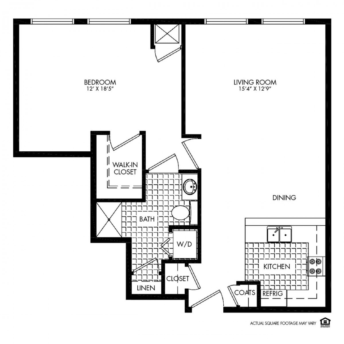 A detailed floor plan of a one-bedroom apartment with designated areas for the kitchen, living room, bathroom, and dining.