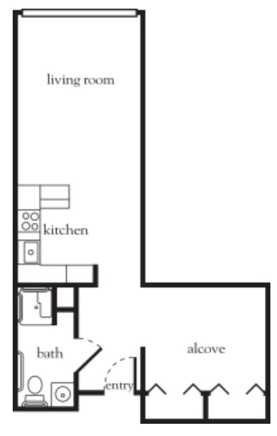 Studio apartment floor plan featuring a kitchen, living room, bath, and alcove.
