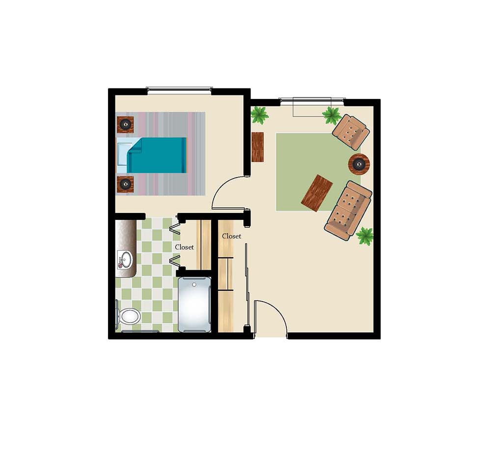A simple floor plan featuring a one-bedroom apartment with a bathroom and living area.