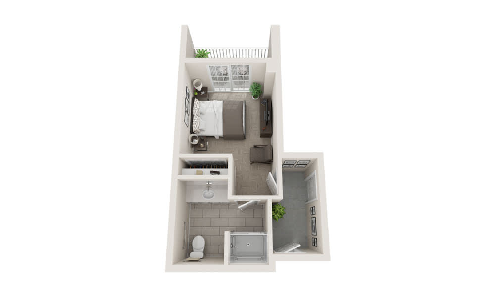 A 3D floor plan of a compact one-bedroom apartment featuring a living area, bathroom, and balcony.