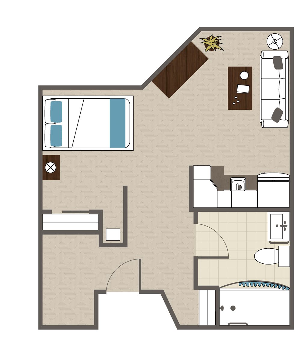 A diagram of a one-bedroom apartment layout featuring a combined living and kitchen area, separate bedroom, and bathroom.