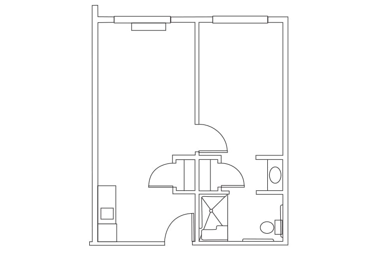 A simple floor plan of a small apartment with basic amenities.