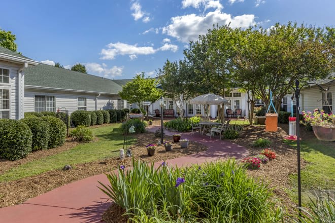 A beautifully landscaped garden with a pathway, surrounded by lush plants and trees on a sunny day.