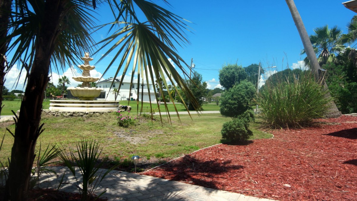 A serene garden with a fountain and palm trees under a clear blue sky.