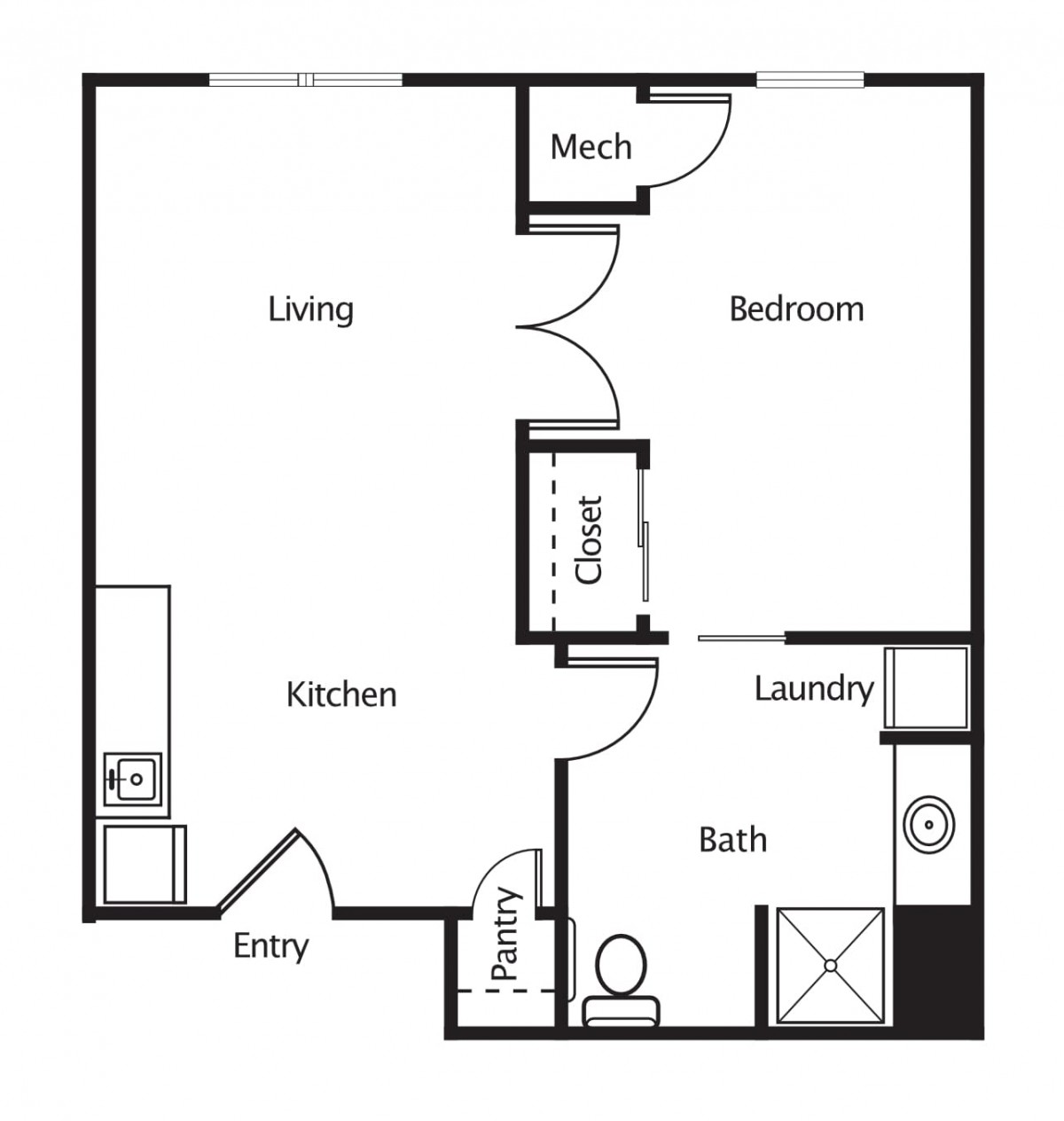 A floor plan of a one-bedroom apartment featuring a living room, kitchen, bathroom, and laundry area.