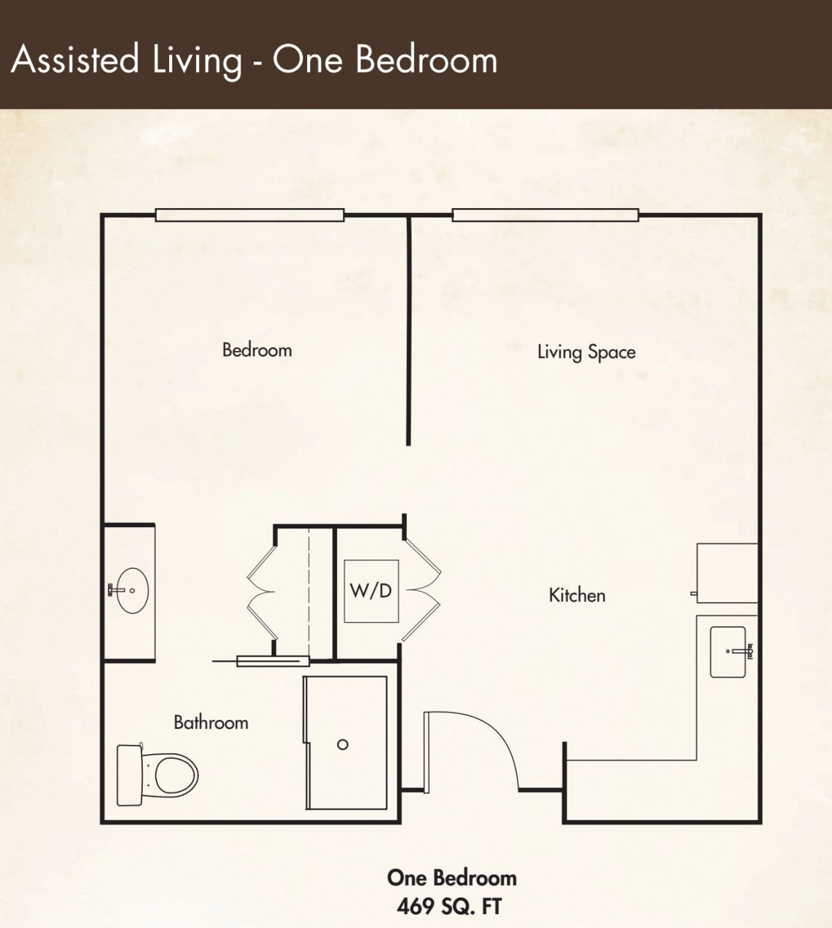 Floor plan of a one-bedroom assisted living apartment.