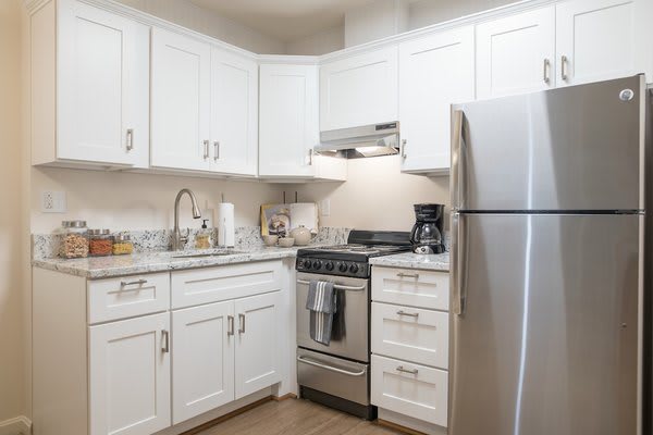A modern kitchen with white cabinetry and stainless steel appliances.