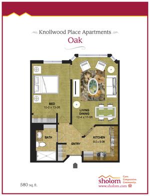 Floor plan of the Oak apartment layout at Krellwood Place Apartments, featuring a one-bedroom design.
