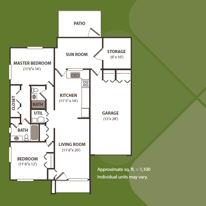 A detailed floor plan of a residential unit featuring multiple rooms, a sun room, and garage.