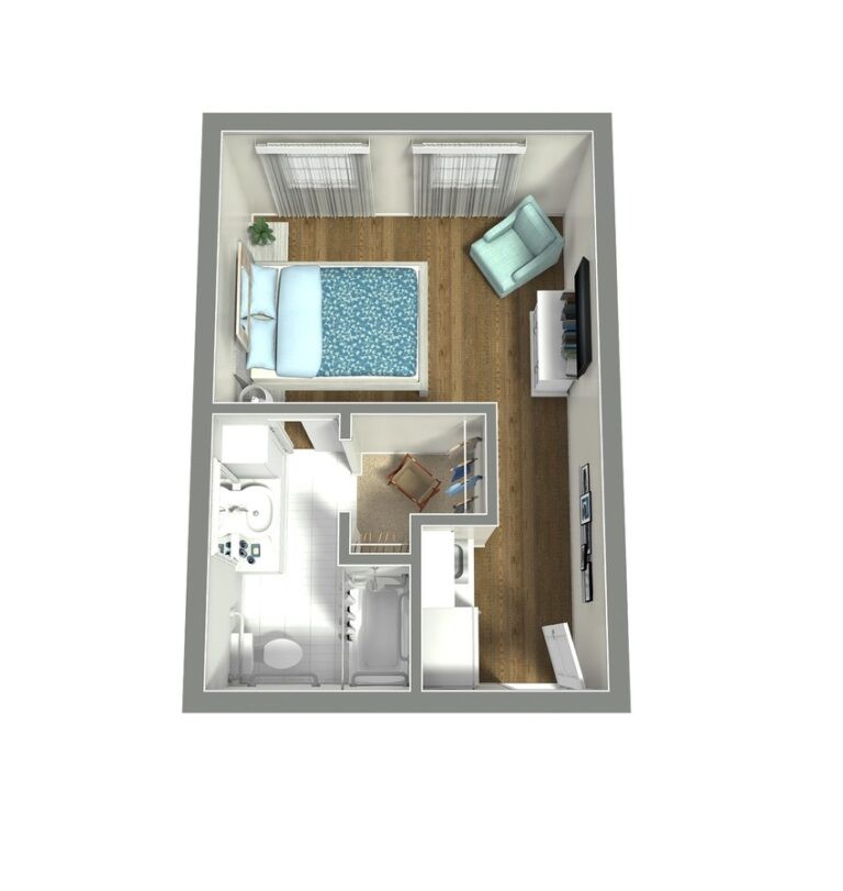 A 3D rendering of a one-bedroom apartment floor plan with furniture layout.