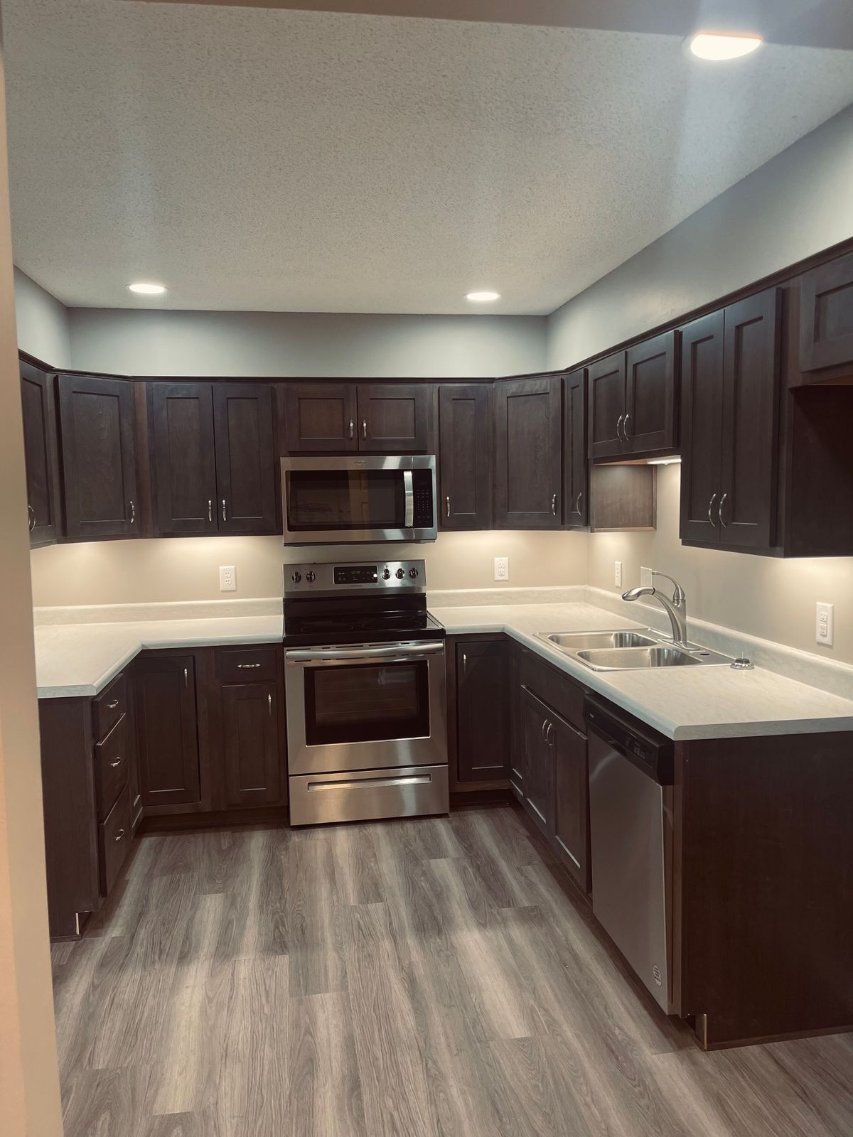 A modern kitchen with dark cabinets and stainless steel appliances.