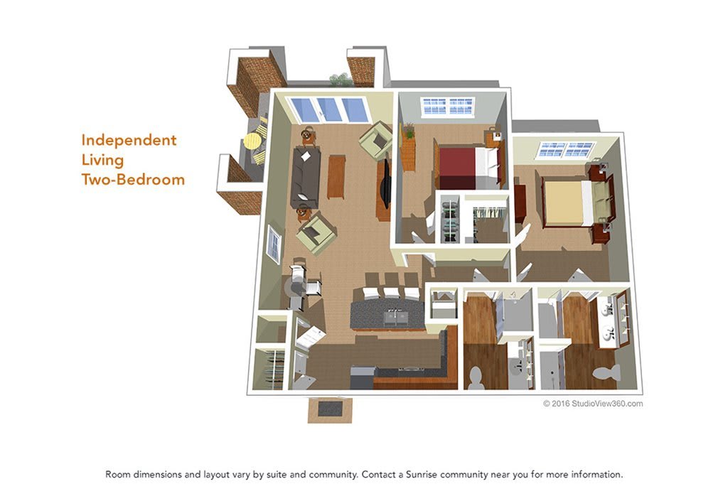 3D floor plan of a two-bedroom independent living apartment showcasing spacious interiors and modern design.