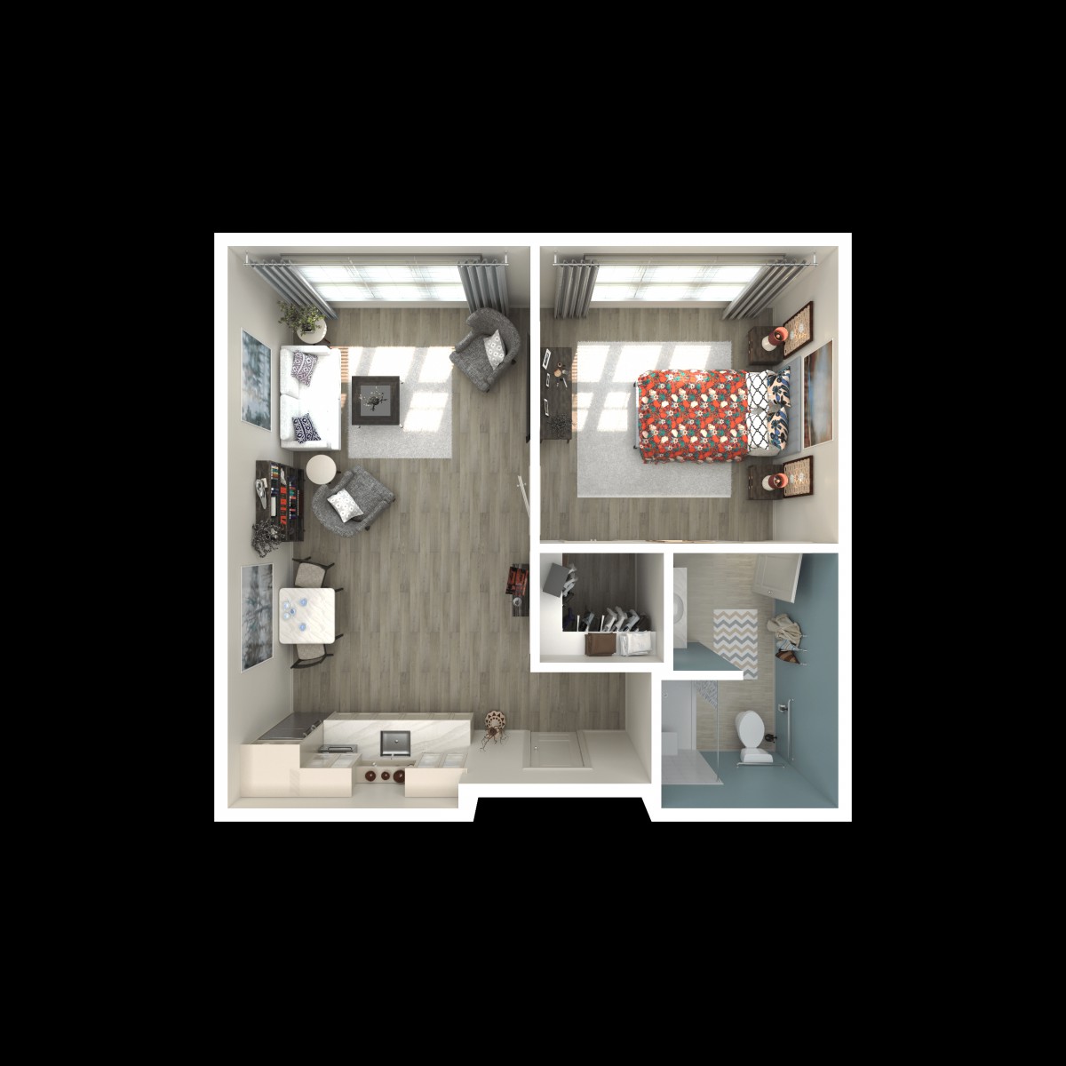 A detailed floor plan of a one-bedroom apartment with separate living, kitchen, and bathroom areas.