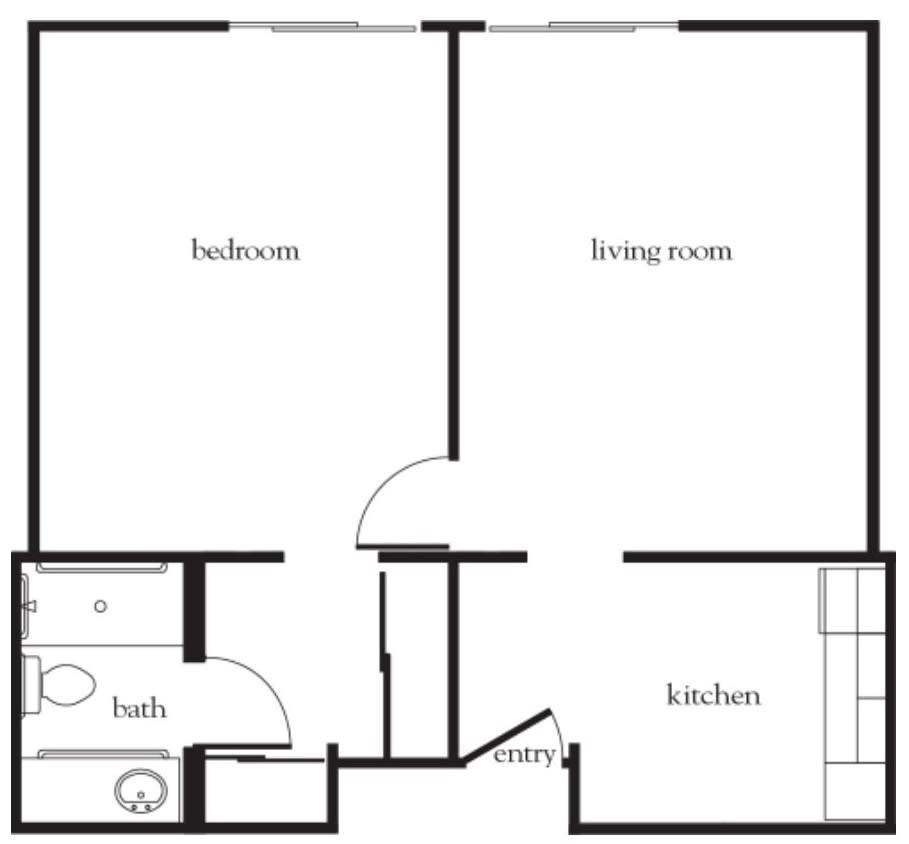 Simple floor plan of an apartment with bedroom, living room, kitchen, and bath.