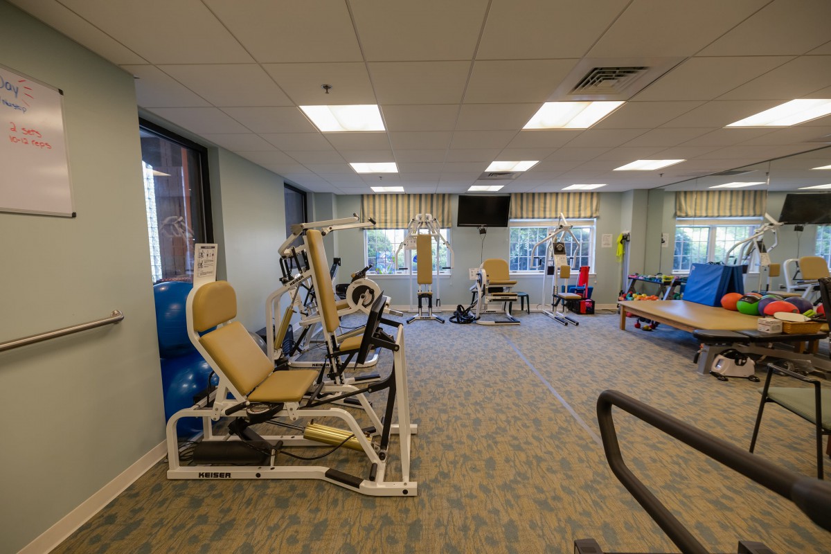 A well-equipped gym with various exercise machines and workout stations.