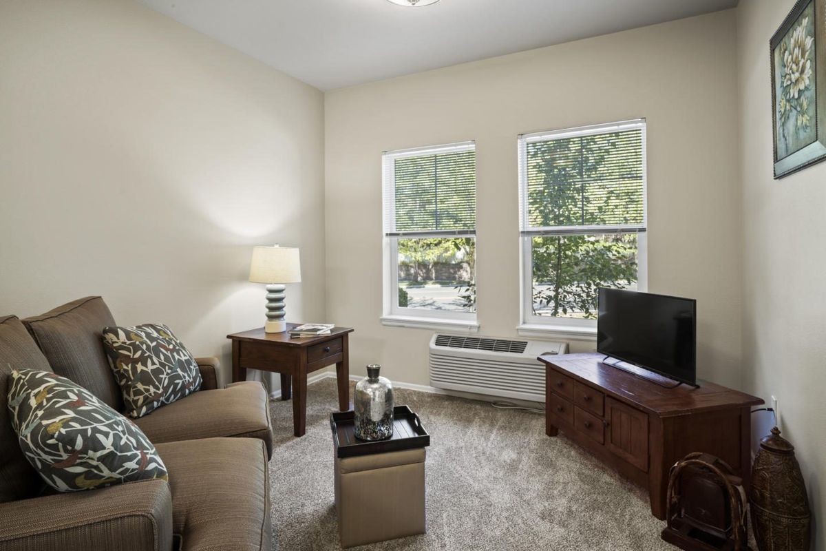 Cozy living room with a sofa, television, and natural light from windows.