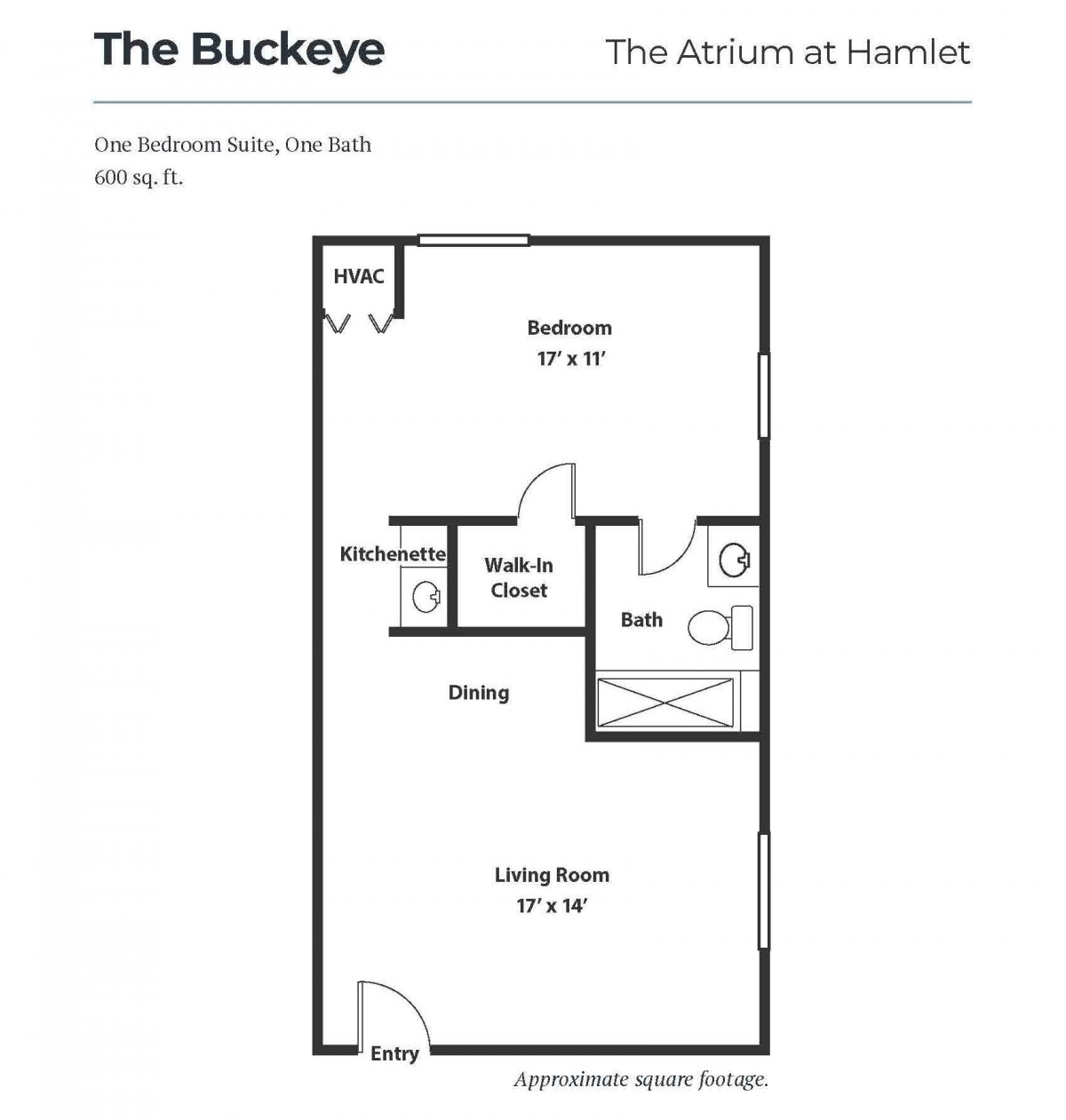 Floor plan of The Buckeye apartment model at The Atrium at Hamlet.