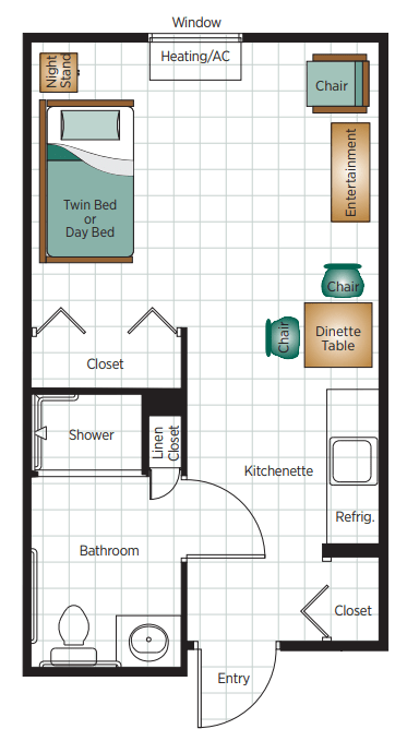 A floor plan of a studio apartment featuring a kitchenette, bathroom, closet, and living area.