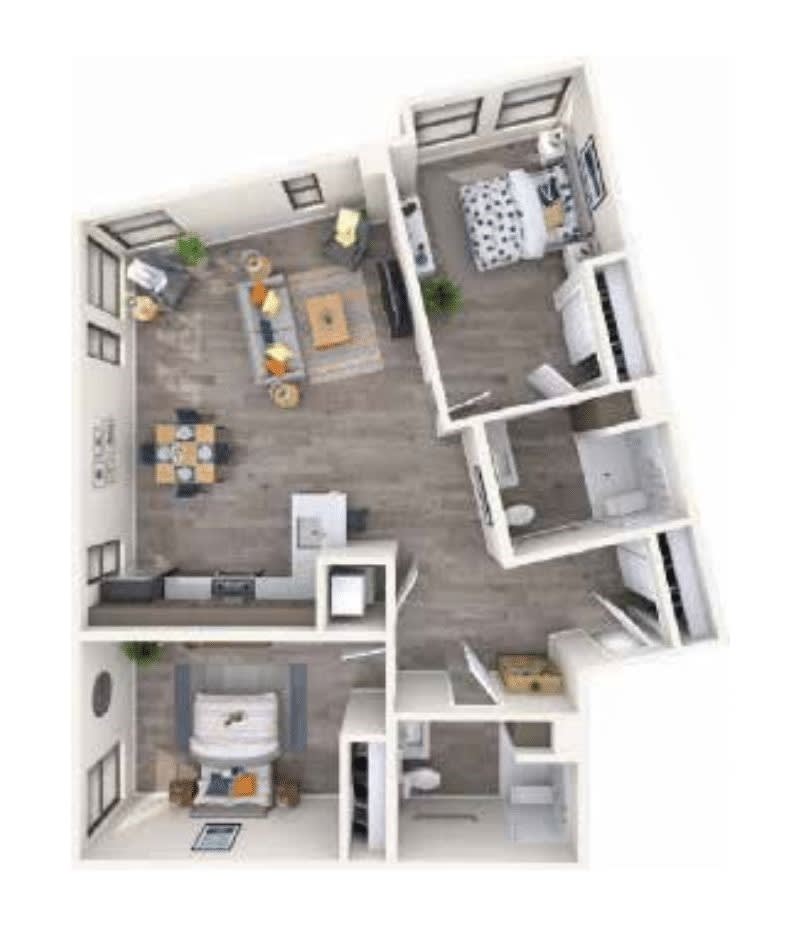 A 3D rendered floor plan of a modern two-bedroom apartment.