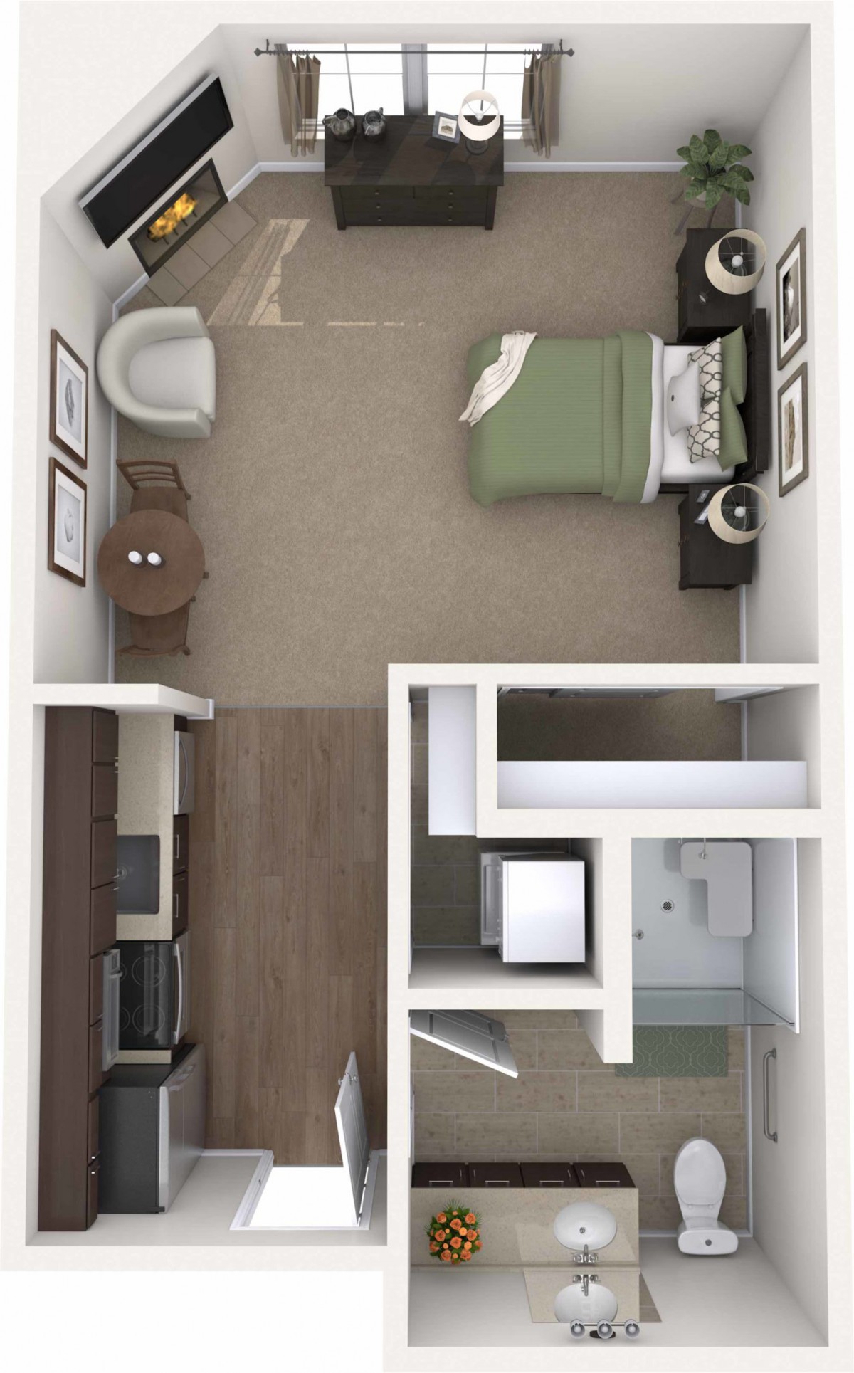 A 3D floor plan showing a compact one-bedroom apartment with modern furniture and layout.