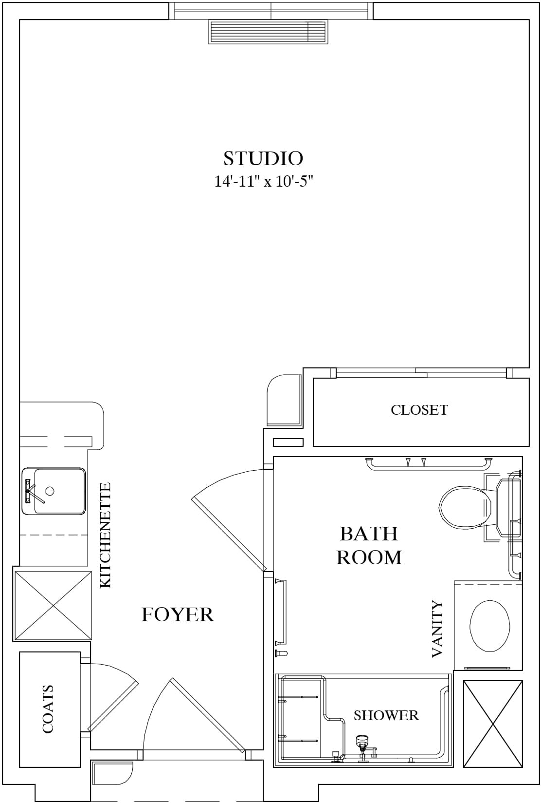 Studio apartment floor plan with a bathroom and kitchenette.