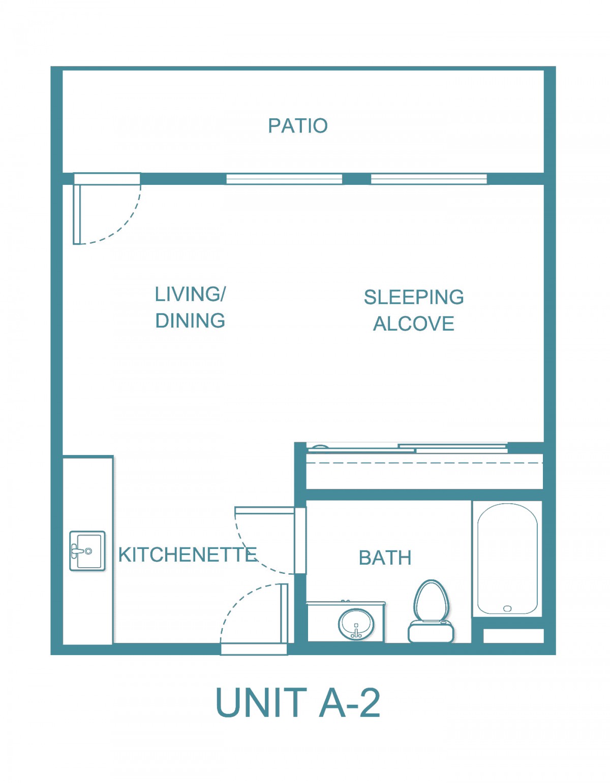 Floor plan of a studio apartment with a kitchenette, bathroom, and patio.