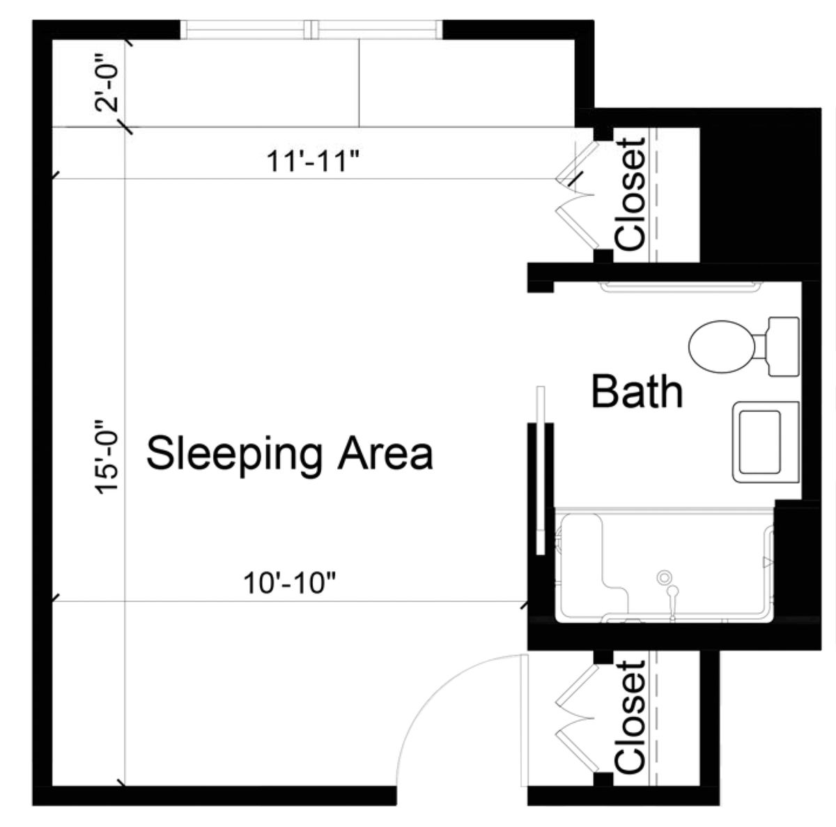 Floor plan of a studio apartment with a sleeping area, bathroom, and closets.