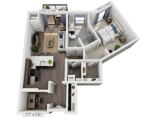 A 3D rendered floor plan of an apartment with one bedroom, a living area, kitchen, and bathroom.
