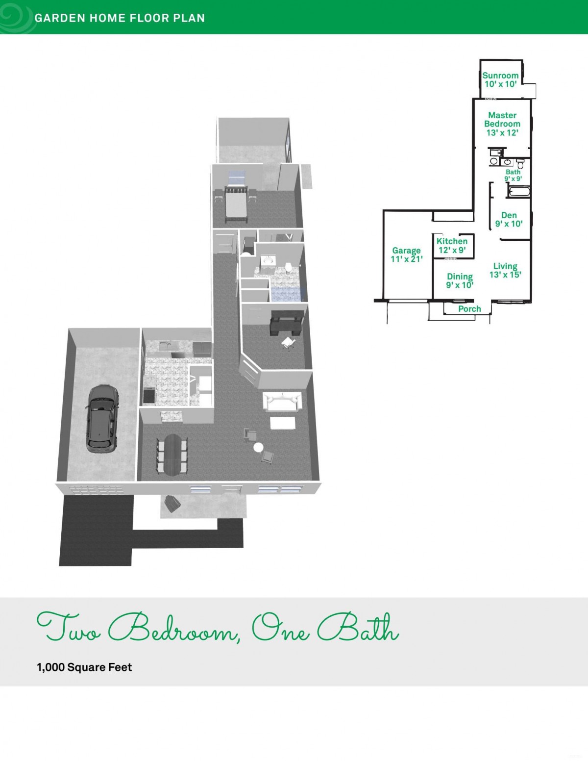 A detailed floor plan and 3D rendering of a two-bedroom, one-bathroom apartment.